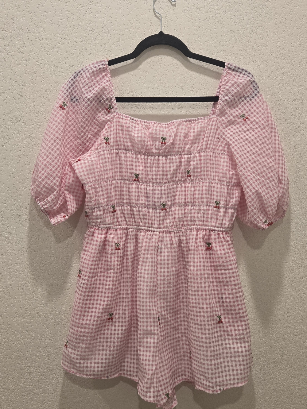 Cloud Ten New Pink Gingham Smocked Romper with Embroidered Cherry Details